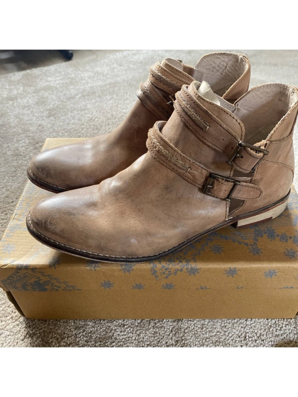 Free People Brae Burn Leather Ankle Bootie Tobacco Strappy Boho Boot 37 7